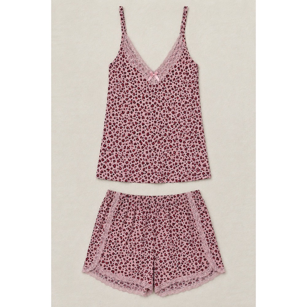 Pink Heart Leopard Print Lace Trim Pajama Set Cami Shorts Sz M Coquette Romantic